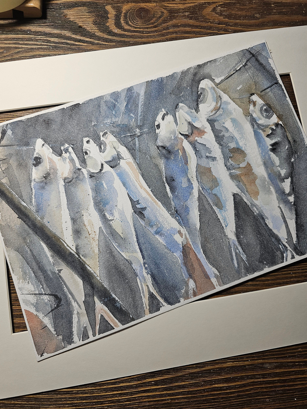 Картина авторская акварельная в паспарту 30х40 см на стену для интерьера "После рыбалки"