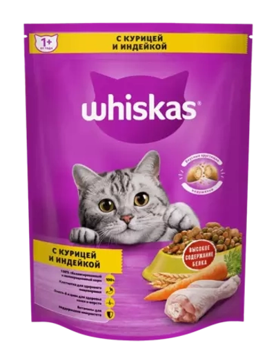 Whiskas корм для кошек с курицей и индейкой, подушечки с паштетом