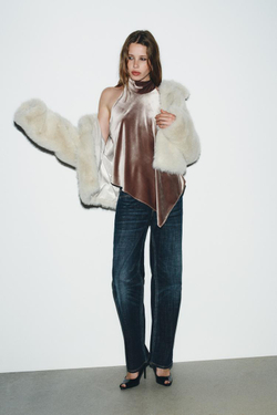 ZARA АСИММЕТРИЧНЫЙ ТОП С ГОРЛОВИНОЙ ХАЛТЕР, СЕРОВАТО-КОРИЧНЕВЫЙ