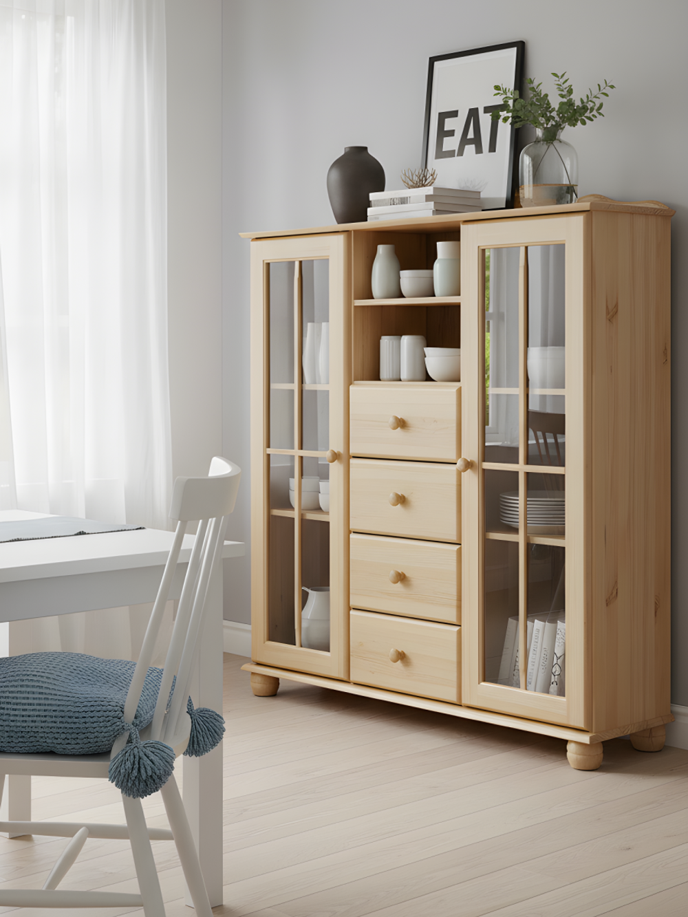 Шкаф-витрина Бритта двухдверный 4 ящика из массива сосны, бежевый