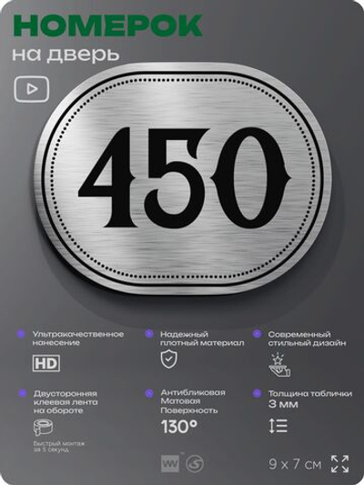 Номерок на дверь квартиры 450, для кабинета, офиса, шильдик 9 х 7 см, брашированная сталь, Айдентика Технолоджи
