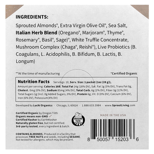 Sprout Living, Пробиотический миндаль, итальянский трюфель с рейши и грибами чага, 10 пакетиков по 28 г (1 унция)