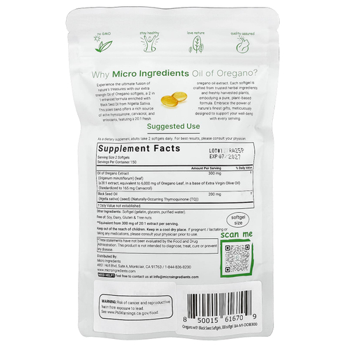 Micro Ingredients, Масло орегано с маслом черного тмина, 300 мягких таблеток
