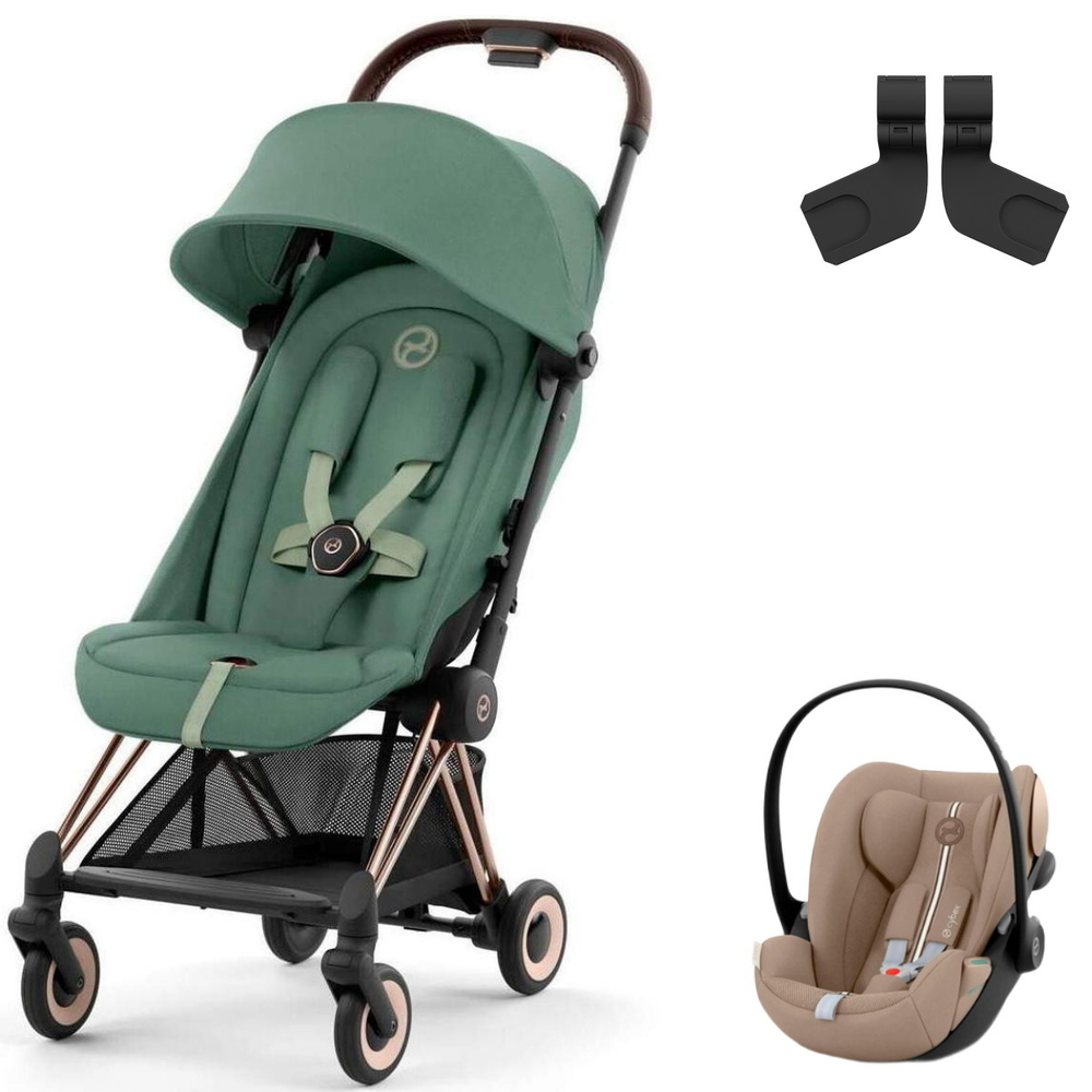 Коляска Cybex Coya Rosegold Frame Cloud G i-Size Almond Beige Plus Leaf Green с дождевиком и бампером