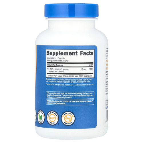 Nutricost, Хелат железа от Ferrochel®, 18 мг, 240 капсул