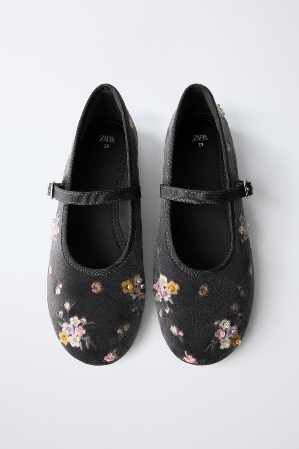 ZARA БАЛЕТКИ С ВЫШИВКОЙ В ВИДЕ ЦВЕТОВ, СЕРЫЙ