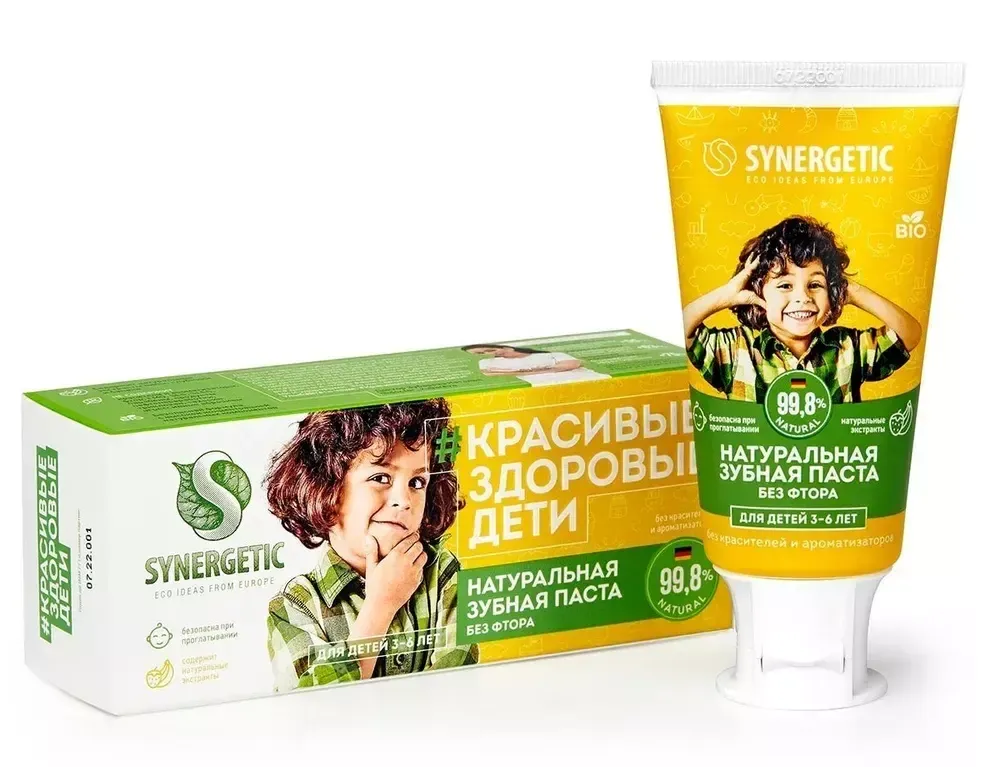 Детская зубная паста SYNERGETIC клубничка и банан, от 3 до 6 лет, 50 г