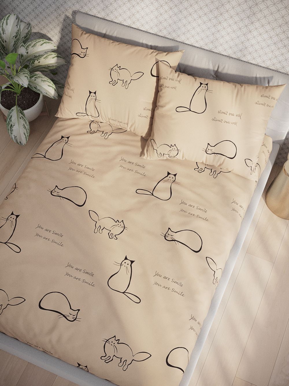 Простынь на резинке перкаль Сказка "Котики (беж)" 160x200 см