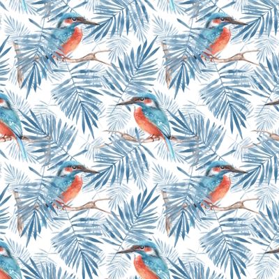 Зимородок. Акварельный паттерн с птицами и голубыми листьями