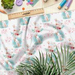 Ткань поплин нежные зайцы на белом фоне