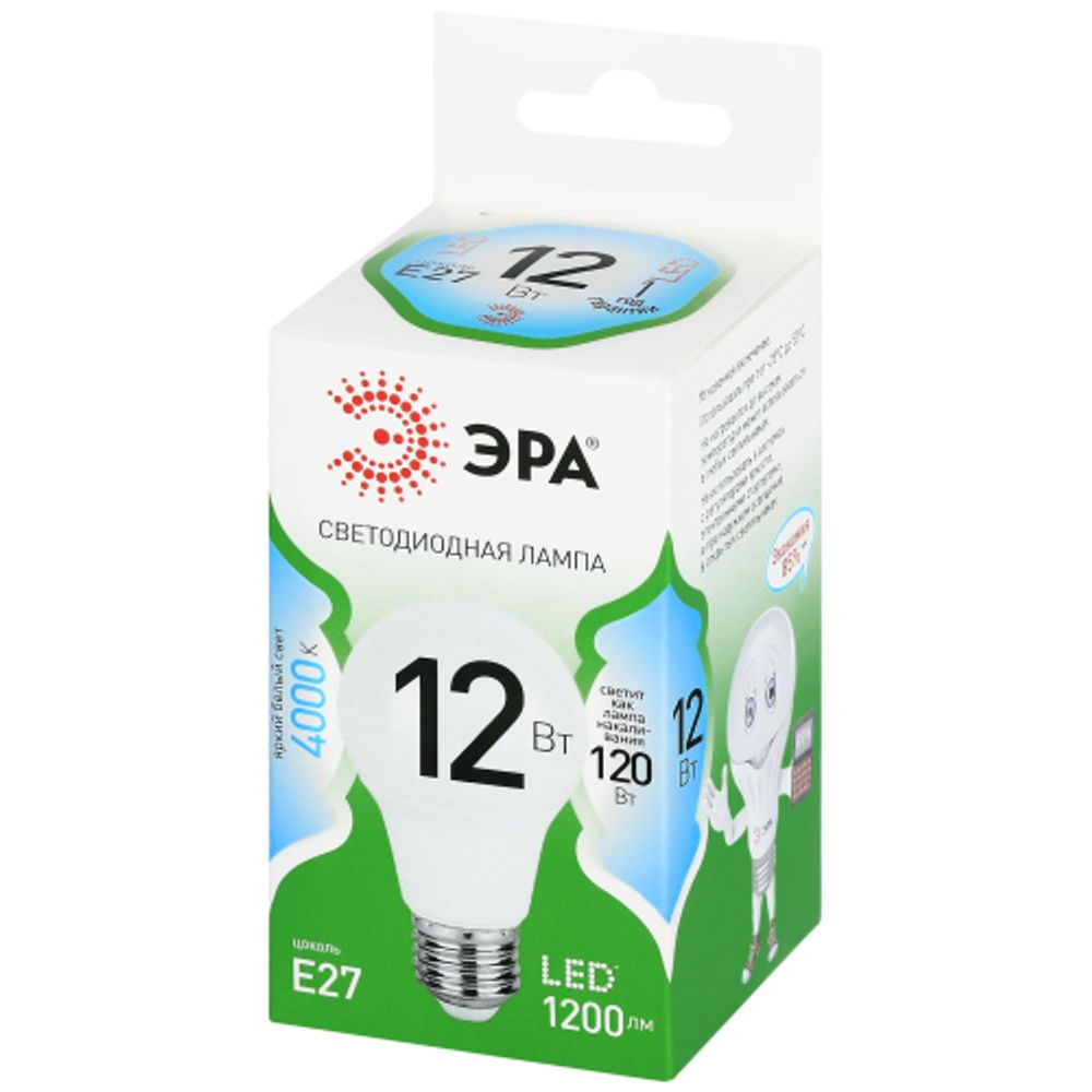 Лампа светодиодная ЭРА GREEN LINE LED A60-12W-840-E27 GL 12Вт груша яркий белый свет E27 | Лампы cветодиодные Груша (A)