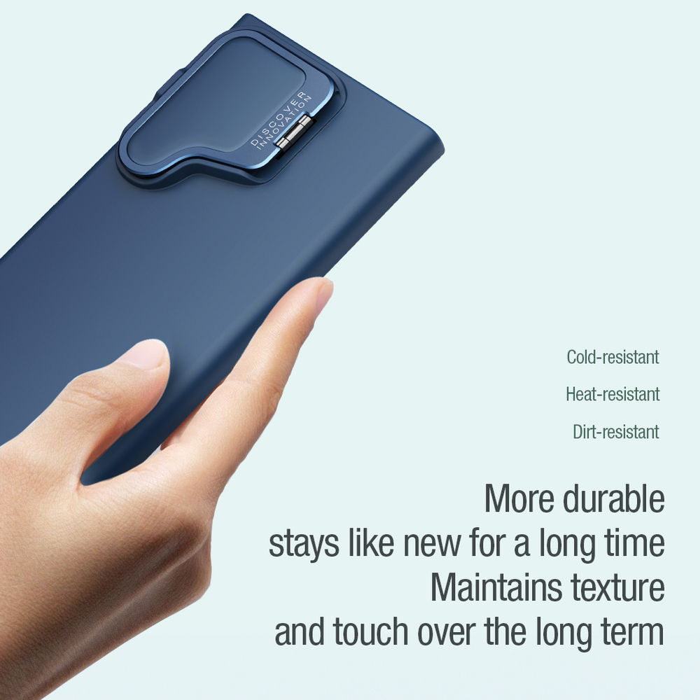 Чехол от Nillkin покрытый шелковистым силиконом синего цвета (Midnight Blue) для Samsung Galaxy S24 Ultra, серия CamShield Silky Prop Silicone Case (с металлической откидной крышкой)