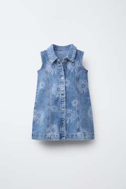 ZARA ДЖИНСОВОЕ ПЛАТЬЕ С ЦВЕТОЧНОЙ ВЫШИВКОЙ, ГОЛУБОЙ