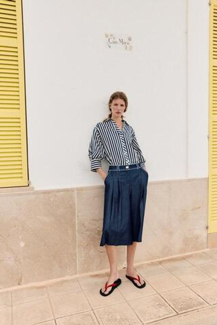 ZARA ШИРОКИЕ ШОРТЫ-БЕРМУДЫ С КОНТРАСТНОЙ ОТДЕЛКОЙ, СИНИЙ