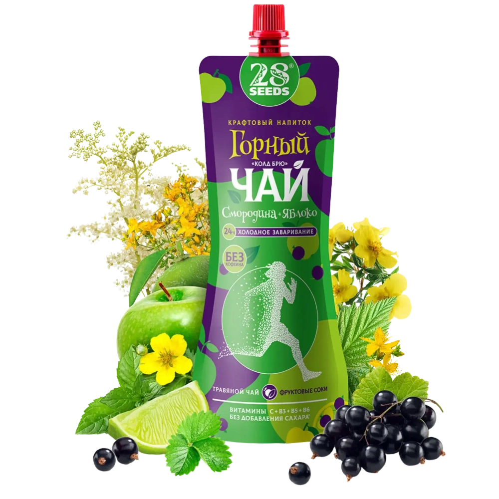 Горный чай «Колд брю» Смородина и Яблоко 28SEEDS, 250 мл, дой-пак на фоне ягод смородины, ломтиков яблока