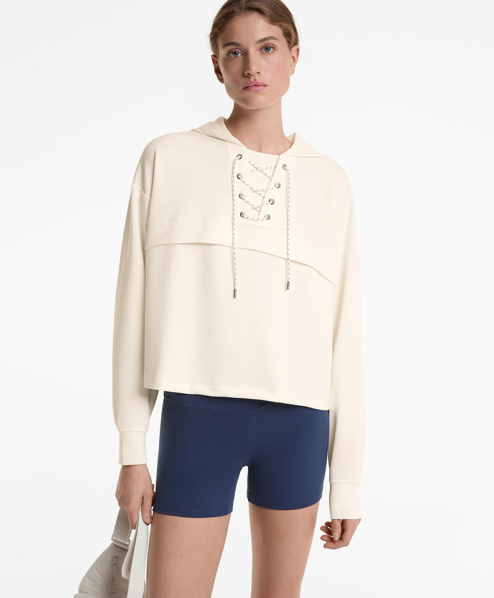 Oysho Толстовка мягкая на ощупь с перекрещивающимися шнурками и модалом, бежевый