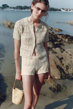 ZARA КАРДИГАН С АЖУРНЫМ УЗОРОМ, БЕЖЕВЫЙ