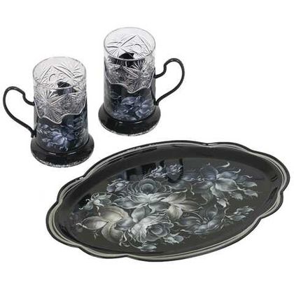 Set of 2 tea glass holders and zhostovo metal tray  SET05D11072022001