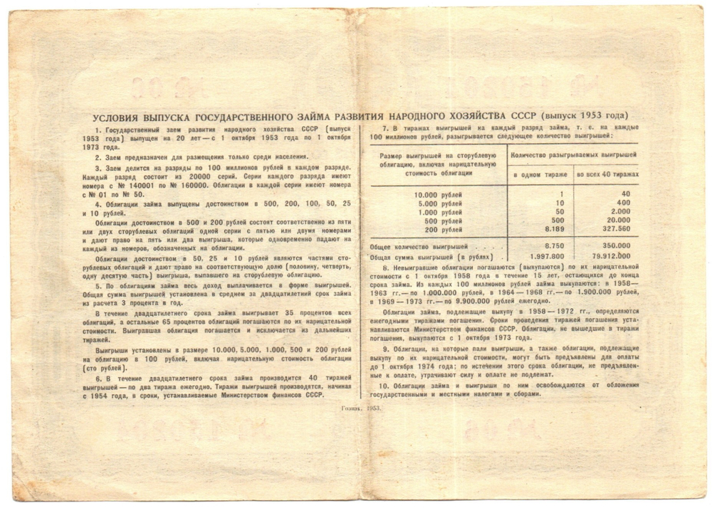 Облигация 100 рублей 1953 год. Серия № 150204