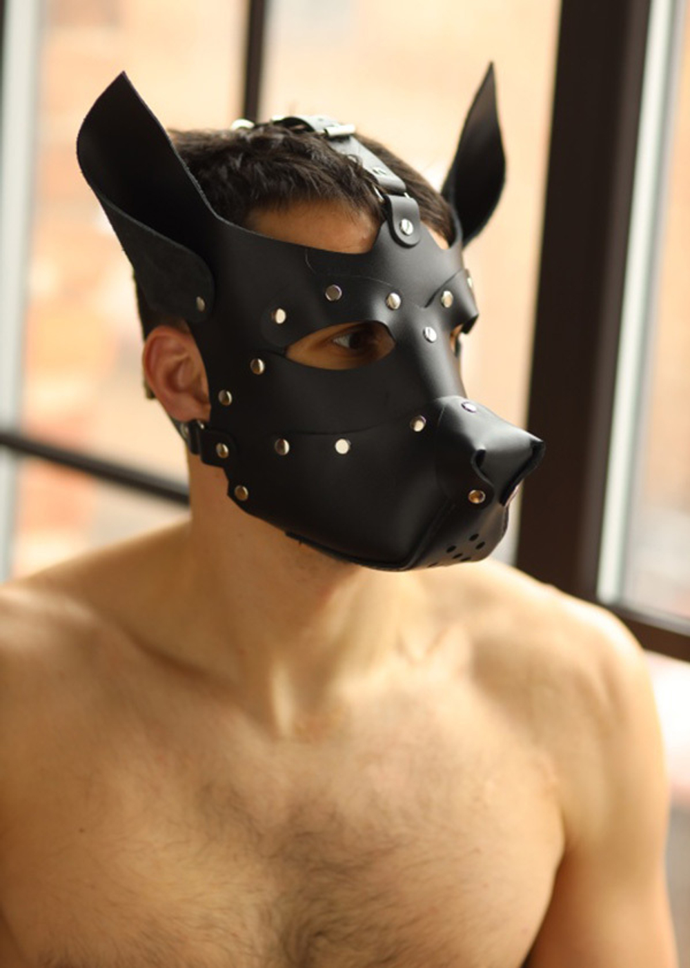 Черная кожаная маска с металлическими заклепками Собака БДСМ Арсенал 58025