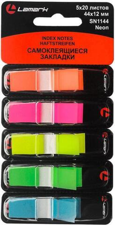 Закладки с липким краем, 5 цветов неон по 20 л., 44х12 мм, пластиковые (Lamark)