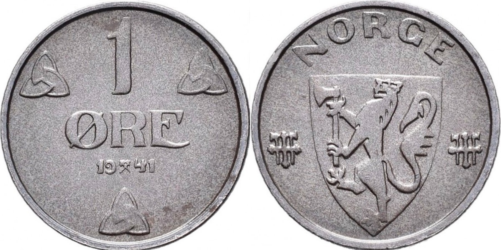 Норвегия 1 эре, 1941 - 1945 Король Хокон VII XF