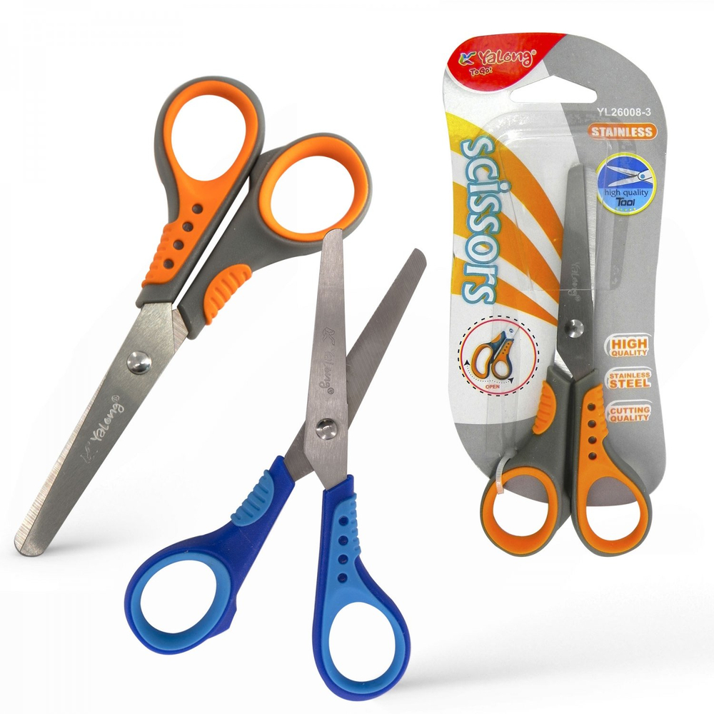 Ножницы канцелярские, Yalong, 13 см., "Эргономик", серо-оранжевые, прорезиненные ручки, европодвес