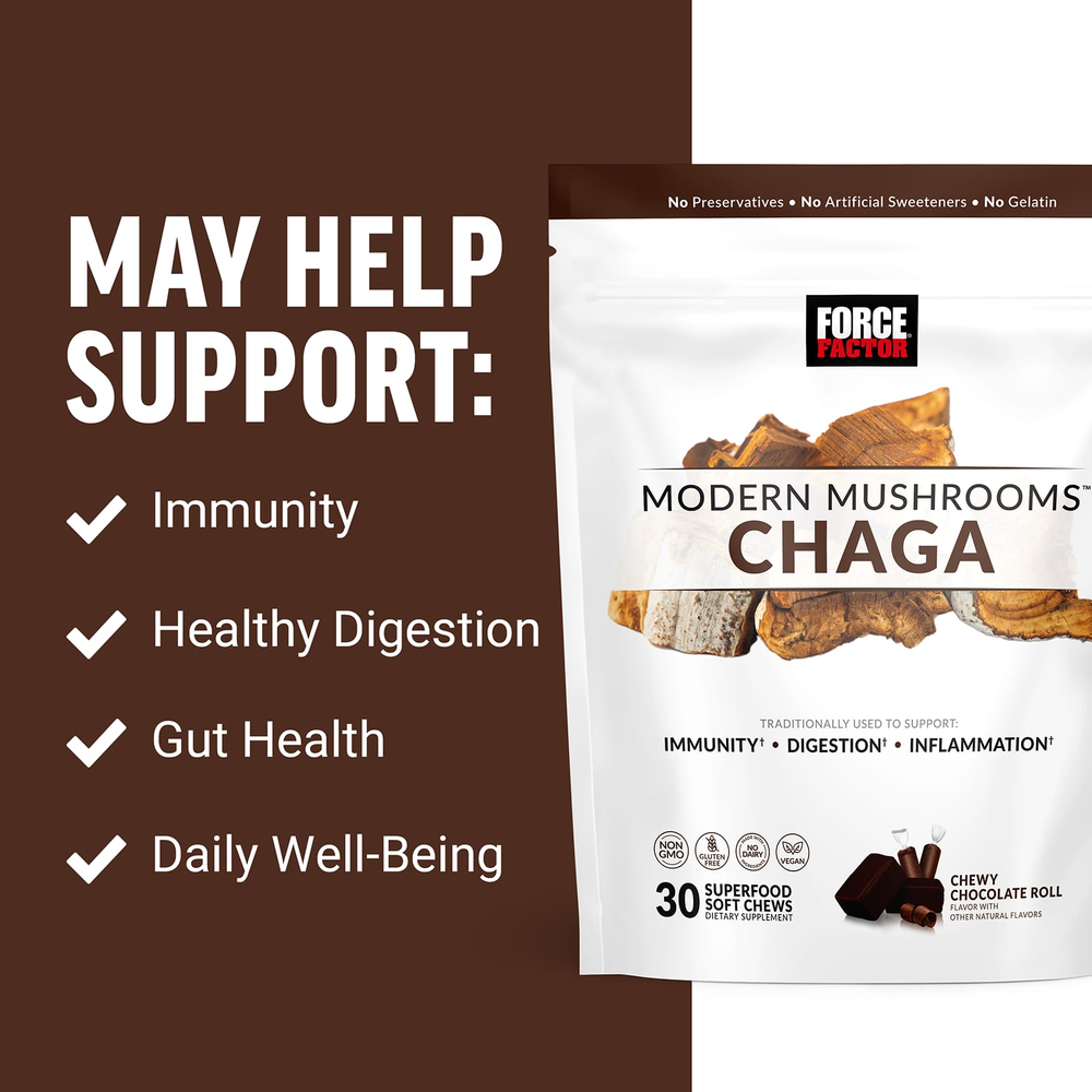 Force Factor, Modern Mushrooms ™, чага, жевательный шоколадный рулет, 300 мг, 30 мягких жевательных таблеток