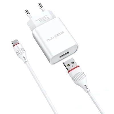 Зарядное устройство Borofone BA20A 2.1A USB + кабель Type-C White