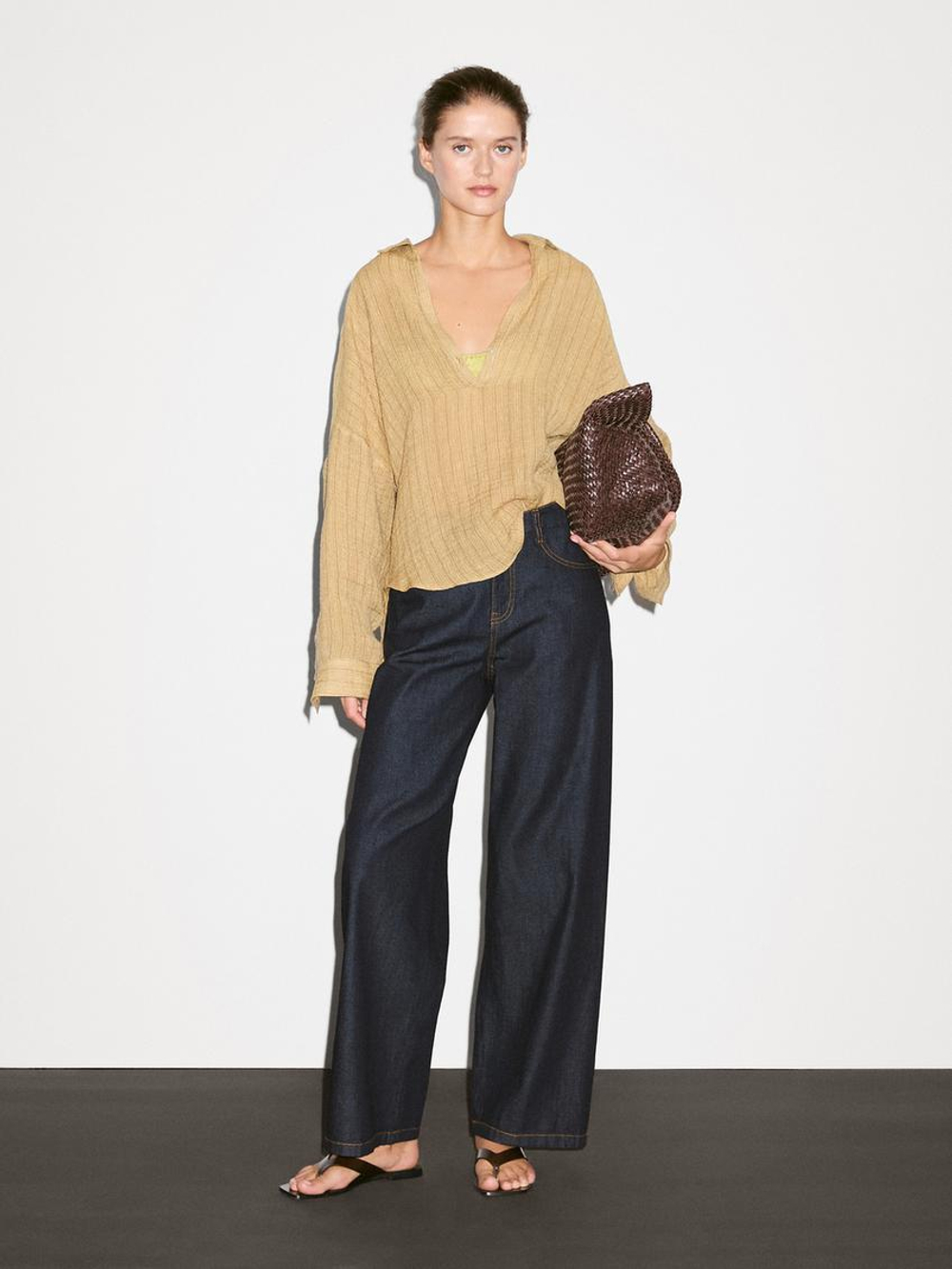 Massimo Dutti Блуза из смесового льна с воротником поло, горчично-желтый