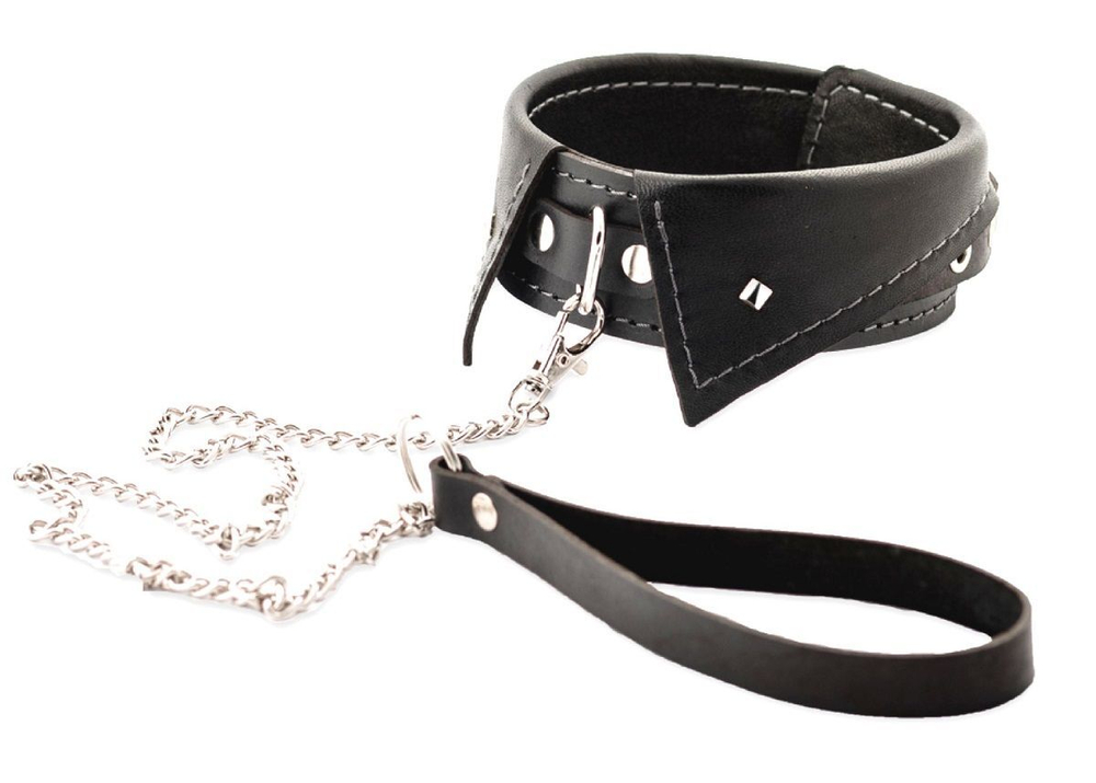 Черный ошейник-воротничок с металлическим поводком (Цвет: черный)