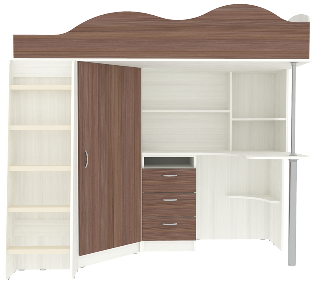 Кровать-чердак КарИВи Пионер с деревянной лестницей Белое Дерево Бодего Темный