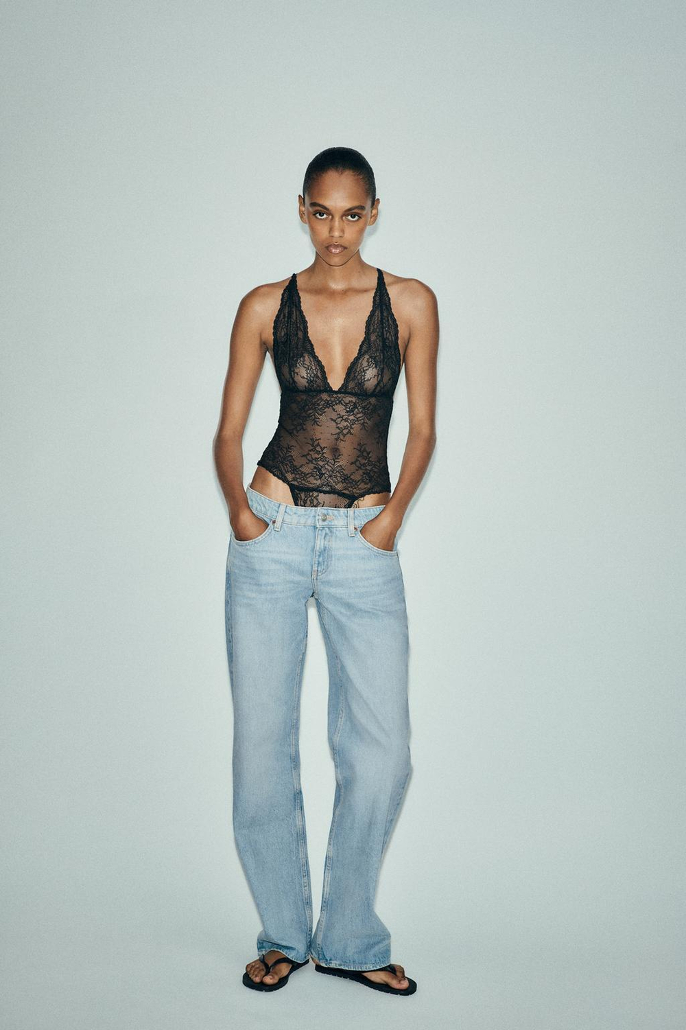 ZARA КРУЖЕВНОЕ БОДИ, ЧЕРНЫЙ