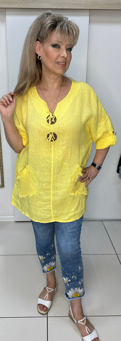 Льняная туника с 2-мя большими пуговками и кармашками