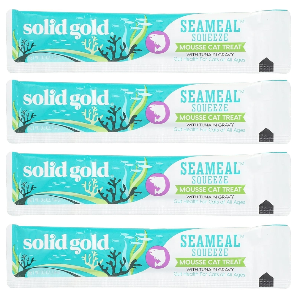 Solid Gold, Мусс для кошек с тунцом в соусе SeaMeal ™, для кошек, для всех возрастов, 4 пакетика по 14 г (0,5 унции)