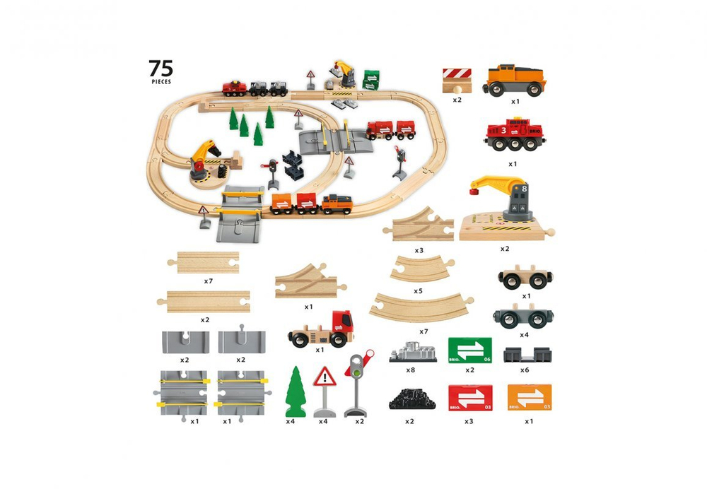 BRIO Набор железной дороги с подъемниками, переездами, грузами и поездом на батарейках, 75 деталей