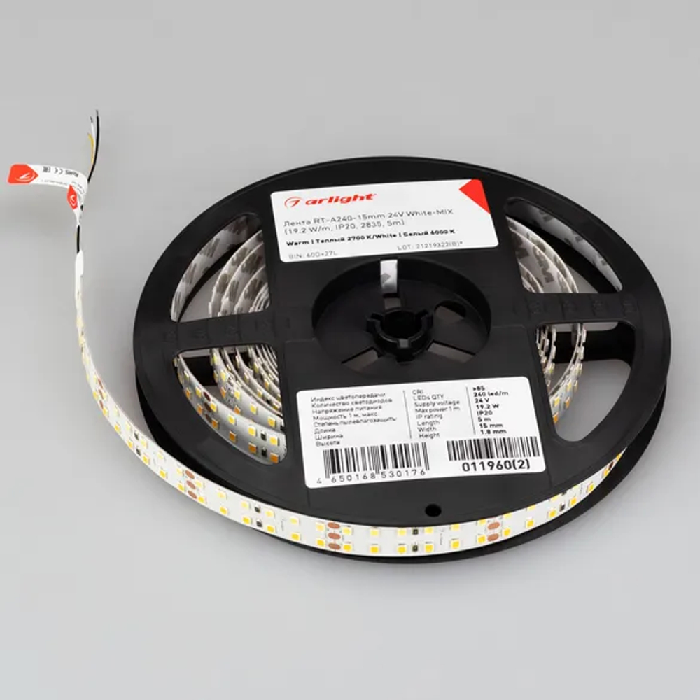 Светодиодная лента RT-A240-15mm 24V White-MIX (19.2 W/m, IP20, 2835, 5m) (Arlight, Изменяемая ЦТ) 011960(2)