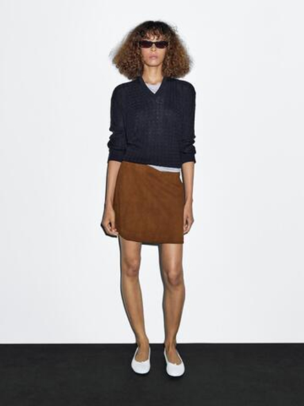 Massimo Dutti Замшевая мини-юбка из кожи наппа с декоративной строчкой, светло-коричневый