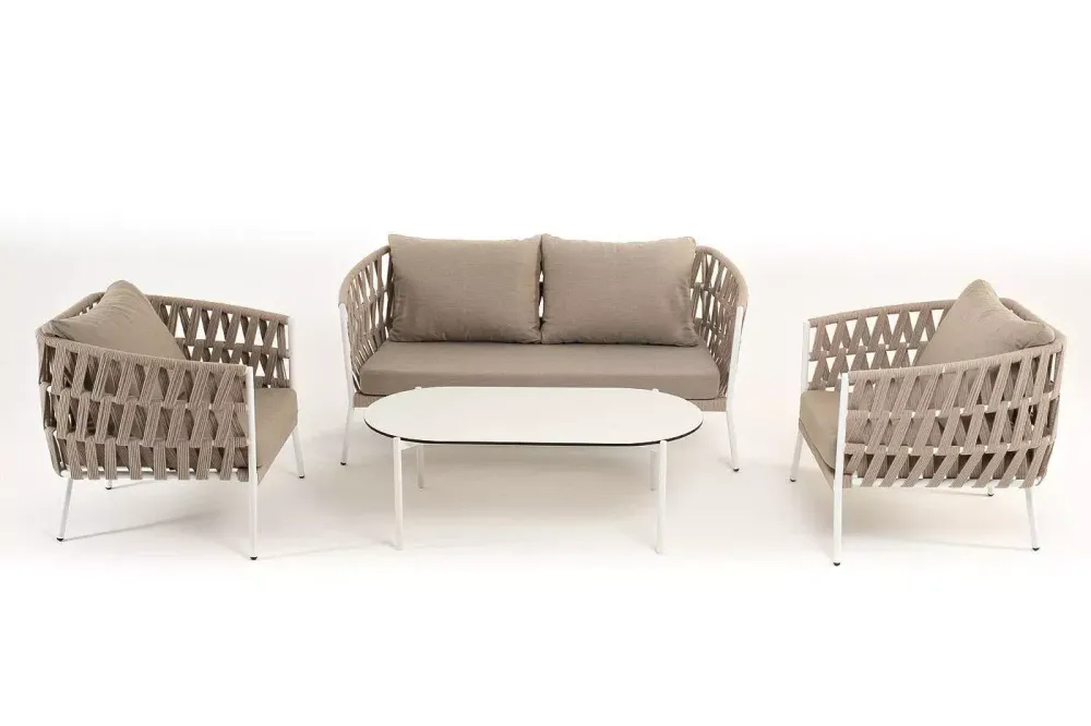 "Диего" лаунж-зона 4-местная плетеная из роупа (веревки), каркас алюминиевый белый, роуп бежевый