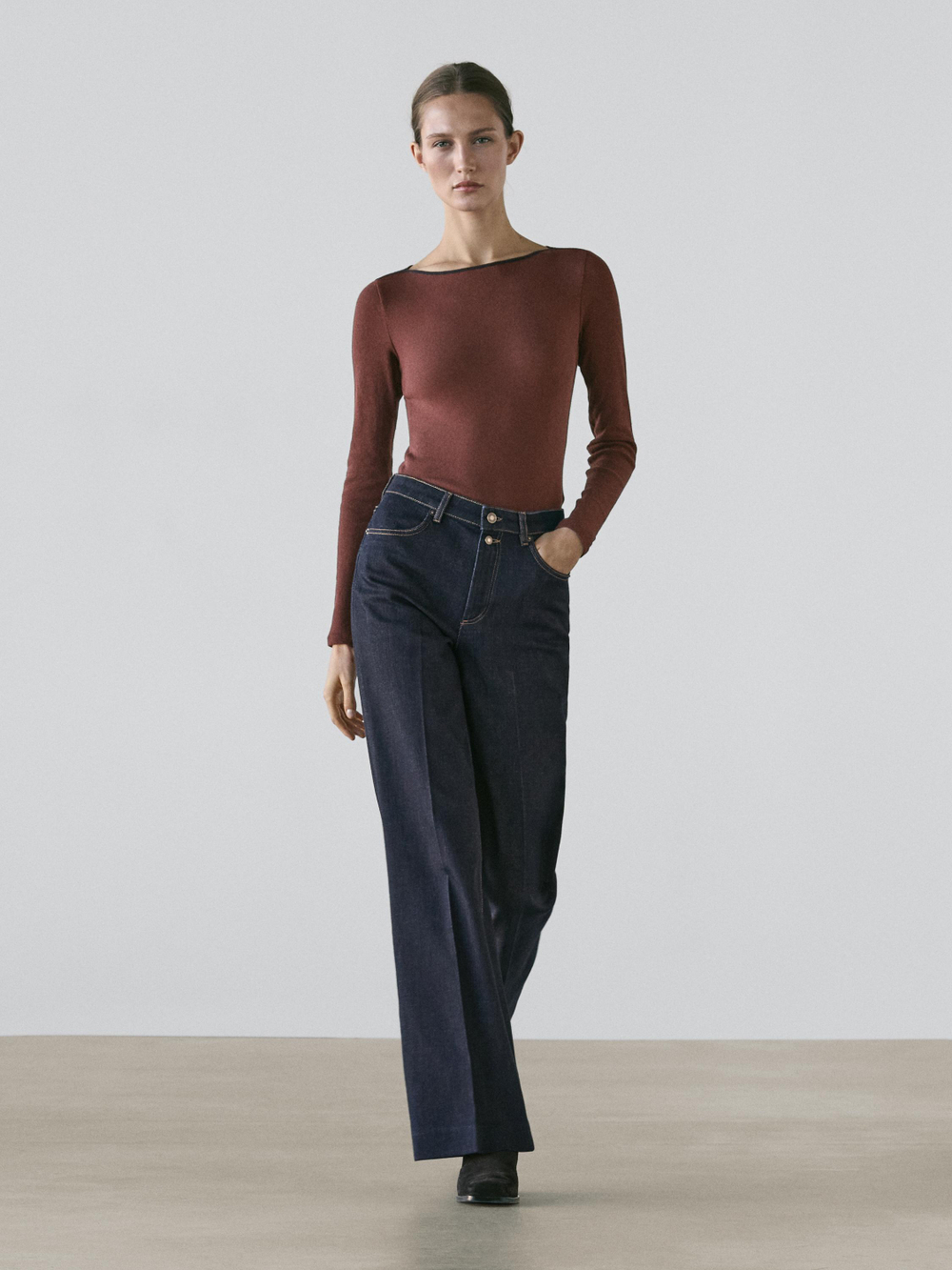 Massimo Dutti Расклешенные джинсы с высокой талией, темно-синий