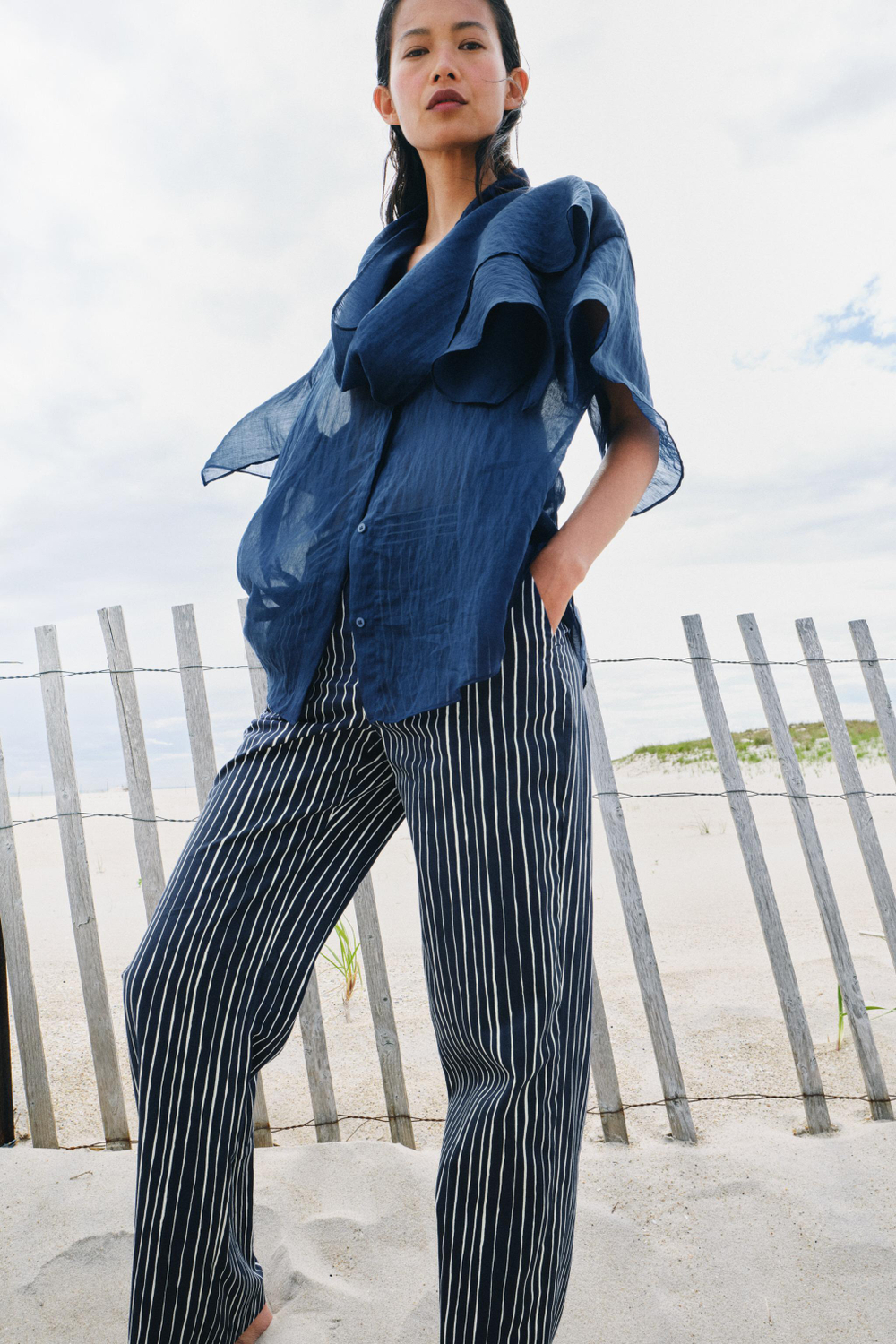ZARA РУБАШКА С ШАРФОМ — ZW COLLECTION, СИНИЙ