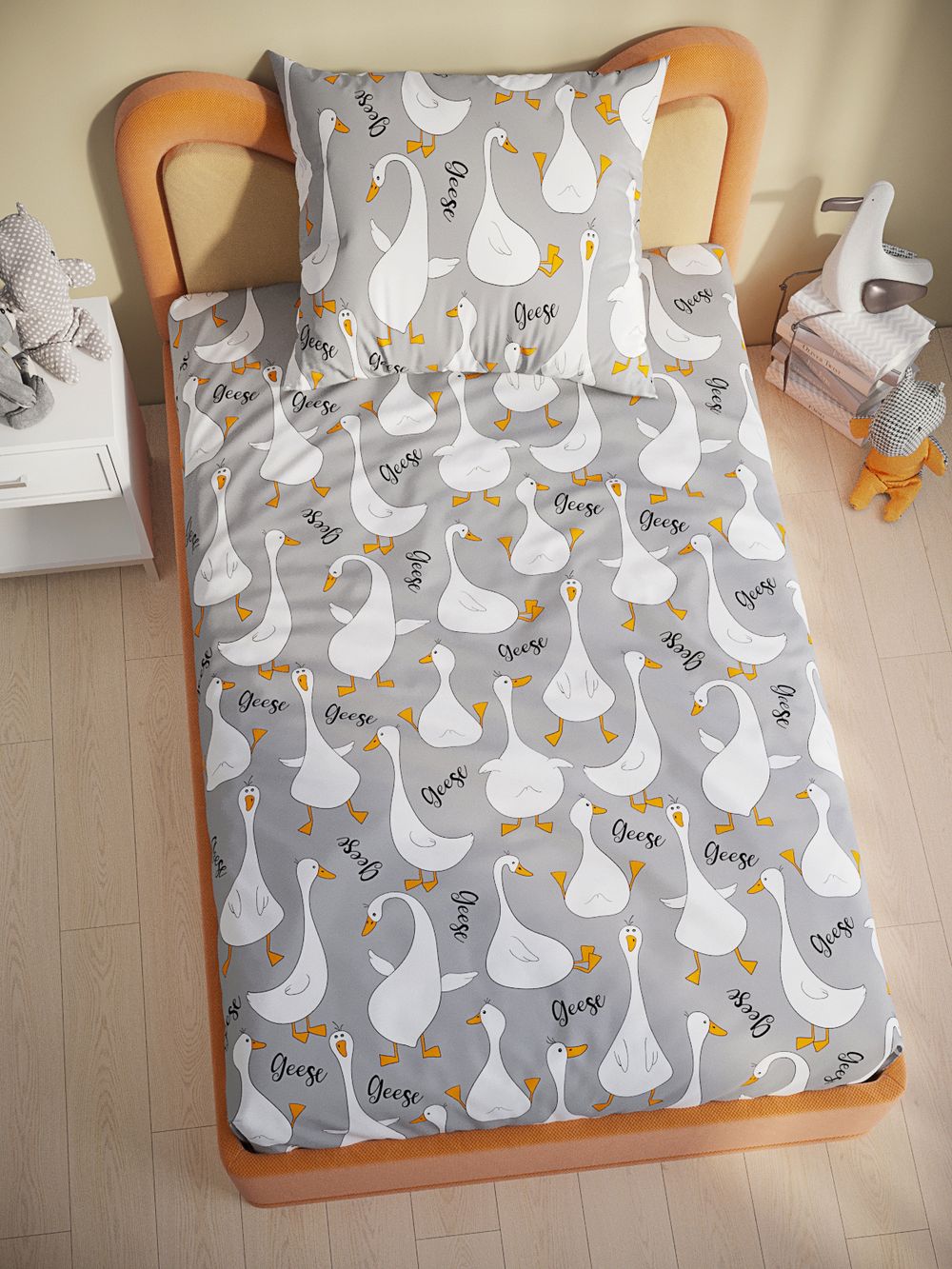 Постельное белье поплин Сказка "Гуси на сером" 1,5-сп Наволочка 50х70 см 1 шт Простынь на резинке 90x200 смПододеяльник 145x205 см