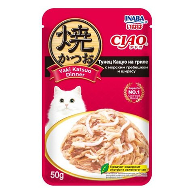 INABA CIAO Влажный корм д/кошек Yaki Katsuo Dinner Тунец Кацуо на гриле с морским гребешком и ширасу пауч 50г