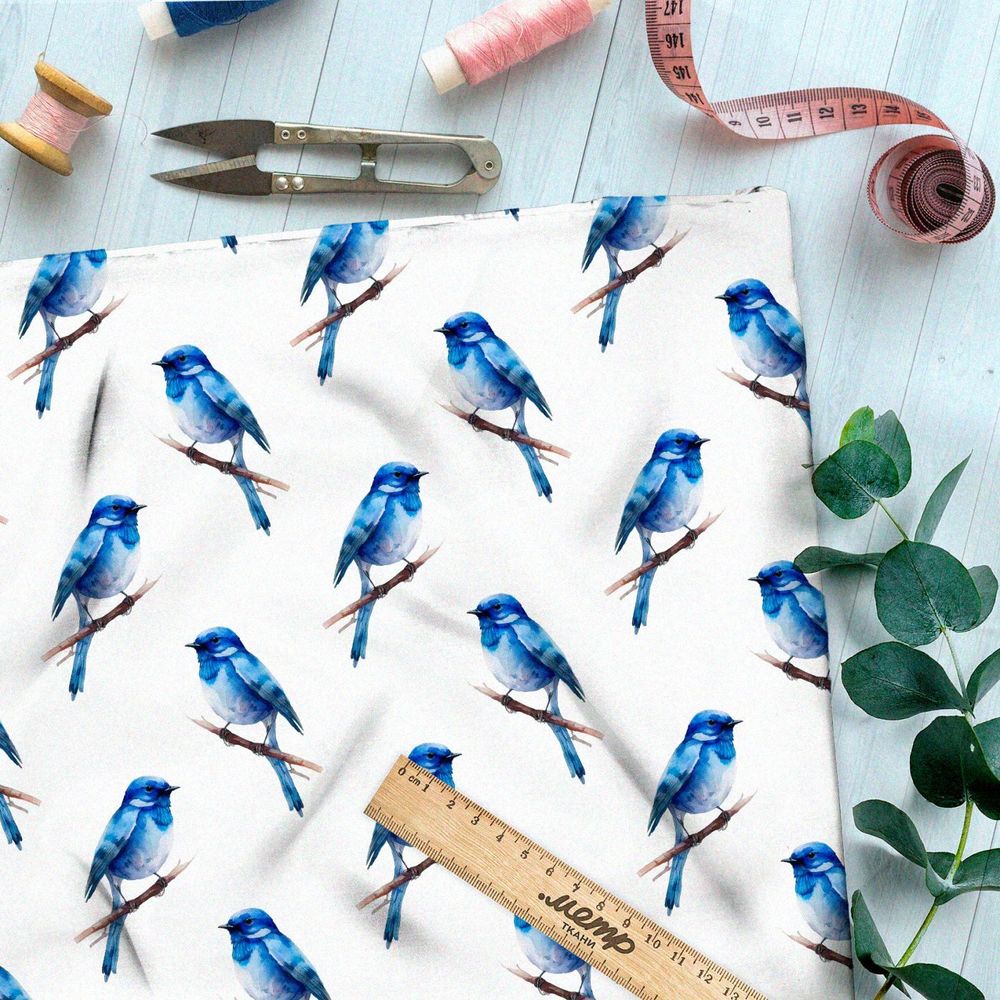 Ткань премиум бифлекс акварельные синие пичуги