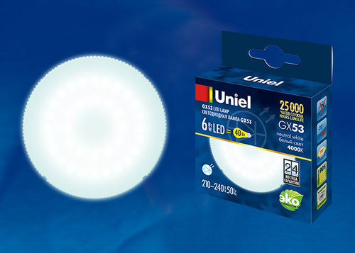 LED-GX53-6W/NW/GX53/FR PLZ01WH Лампа светодиодная, матовая. Белый свет. Картон. ТМ Uniel.
