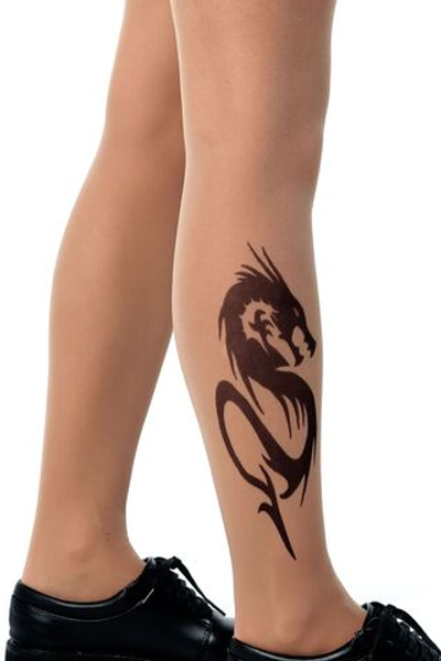 Колготки +size с принтом в виде дракона на правой ножке (Размер: XL-XXL-XXXL) (Цвет: бежевый)