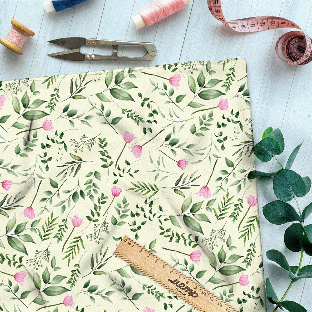 Ткань бязь мелкие розовые цветы и множество зелёной листвы