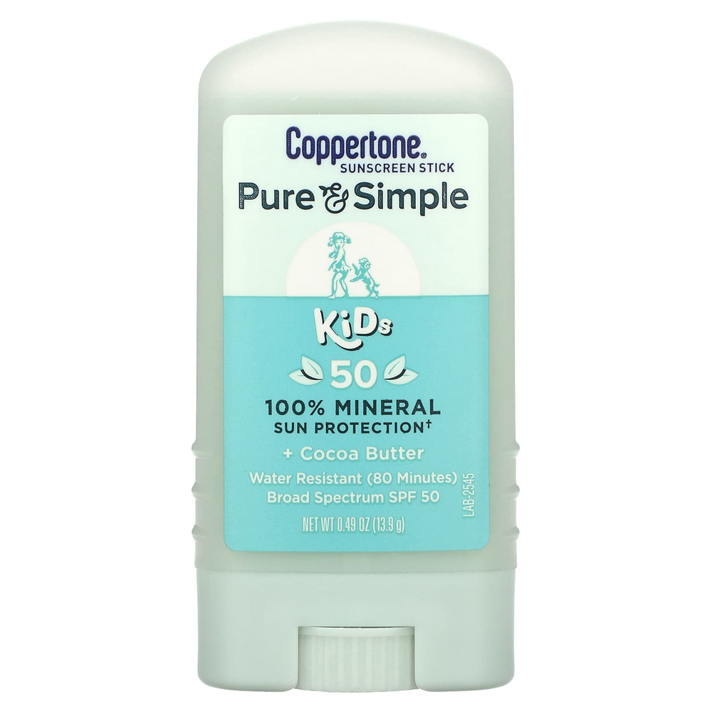 Coppertone, Pure & Simple, Kids, солнцезащитный стик для детей, SPF 50, какао-масло, 13,9 г (0,49 унции)