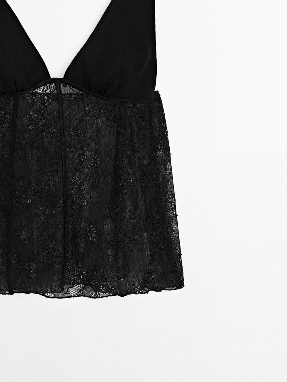 Massimo Dutti Топ в бельевом стиле с бретелями и кружевом, черный