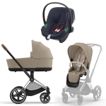 Коляска 3 в 1 Cybex Priam IV Chrome Brown complete и автокресло Aton B2 i-Size Bay Blue Cozy Beige